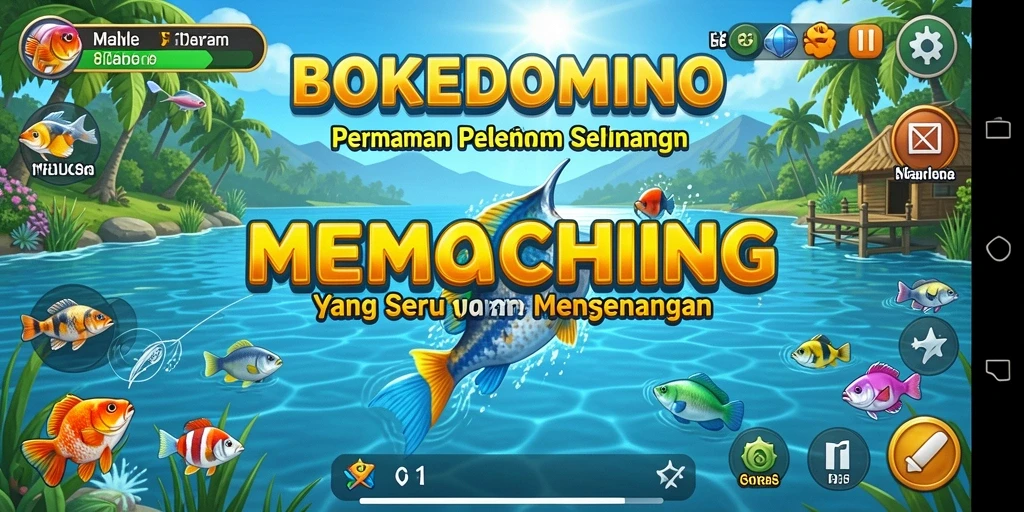 Tampilan utama gameplay BOKEDOMINO yang menampilkan aksi memancing yang seru.