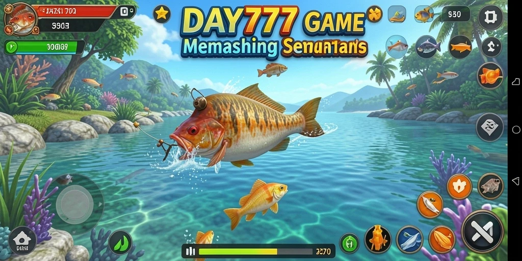Screenshot gameplay DAY777 menampilkan keseruan memancing di berbagai lokasi.