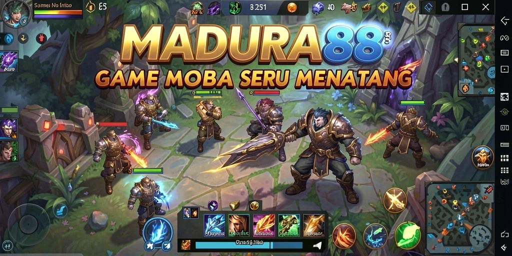 Tampilan gameplay seru MADURA88 dalam pertarungan MOBA yang mendebarkan.