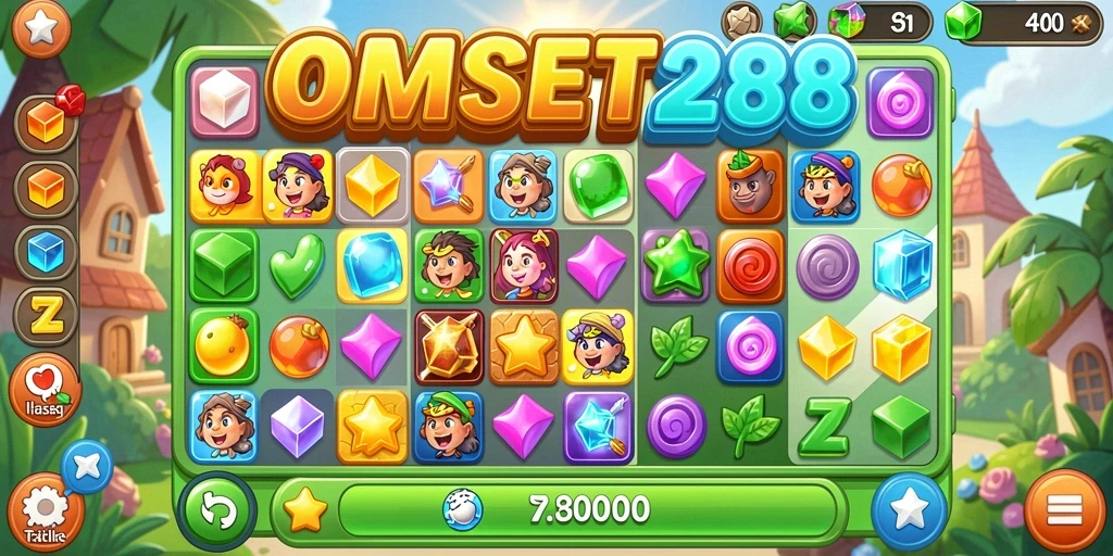 Tampilan gameplay seru OMSET288 dengan kombinasi item match-3.