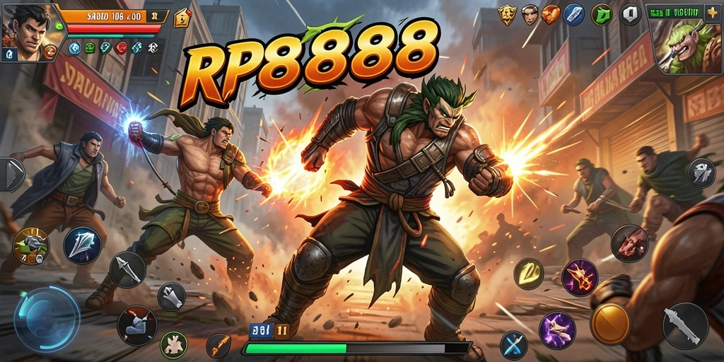 Tampilan seru gameplay RP8888 dengan karakter bertarung di arena.