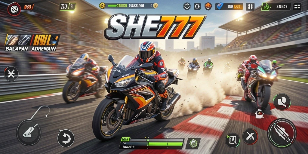 Tampilan gameplay SHE777 dengan balapan motor yang mendebarkan.