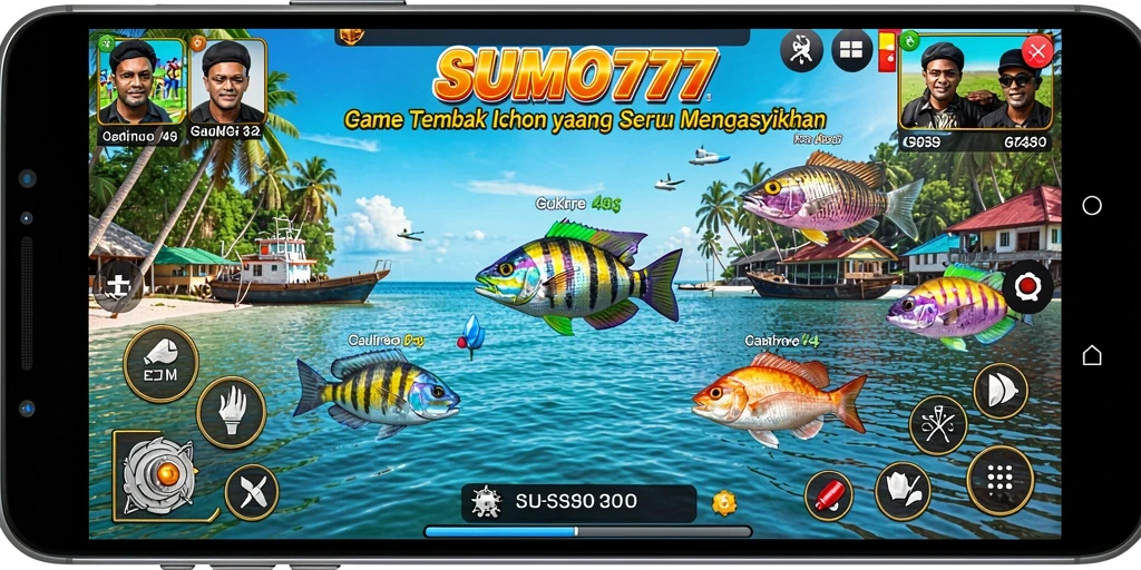 Tampilan gameplay seru dalam SUMO777 saat menangkap ikan.